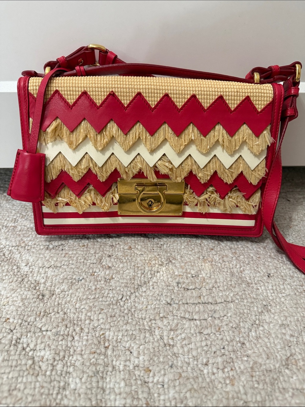 Ferragamo Red Chevron Fringe Crossbody Bag - Women's Shoulder Bag